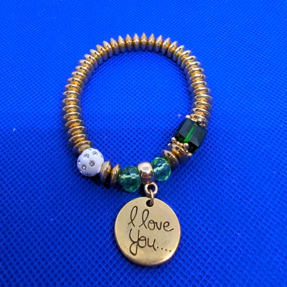 ~ I love you Bracelet~ Gift for Someone Special Green/Gold w Crystal NWT